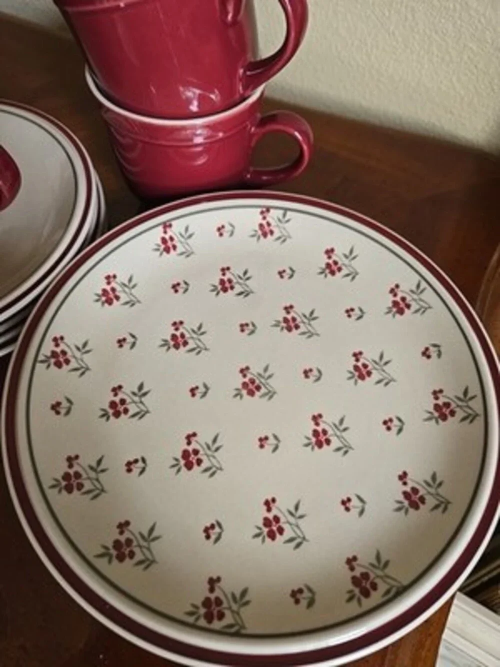 Burgundy Red Salad Plates, Teacups & Saucer Floral Newcor Stoneware 12 Pieces